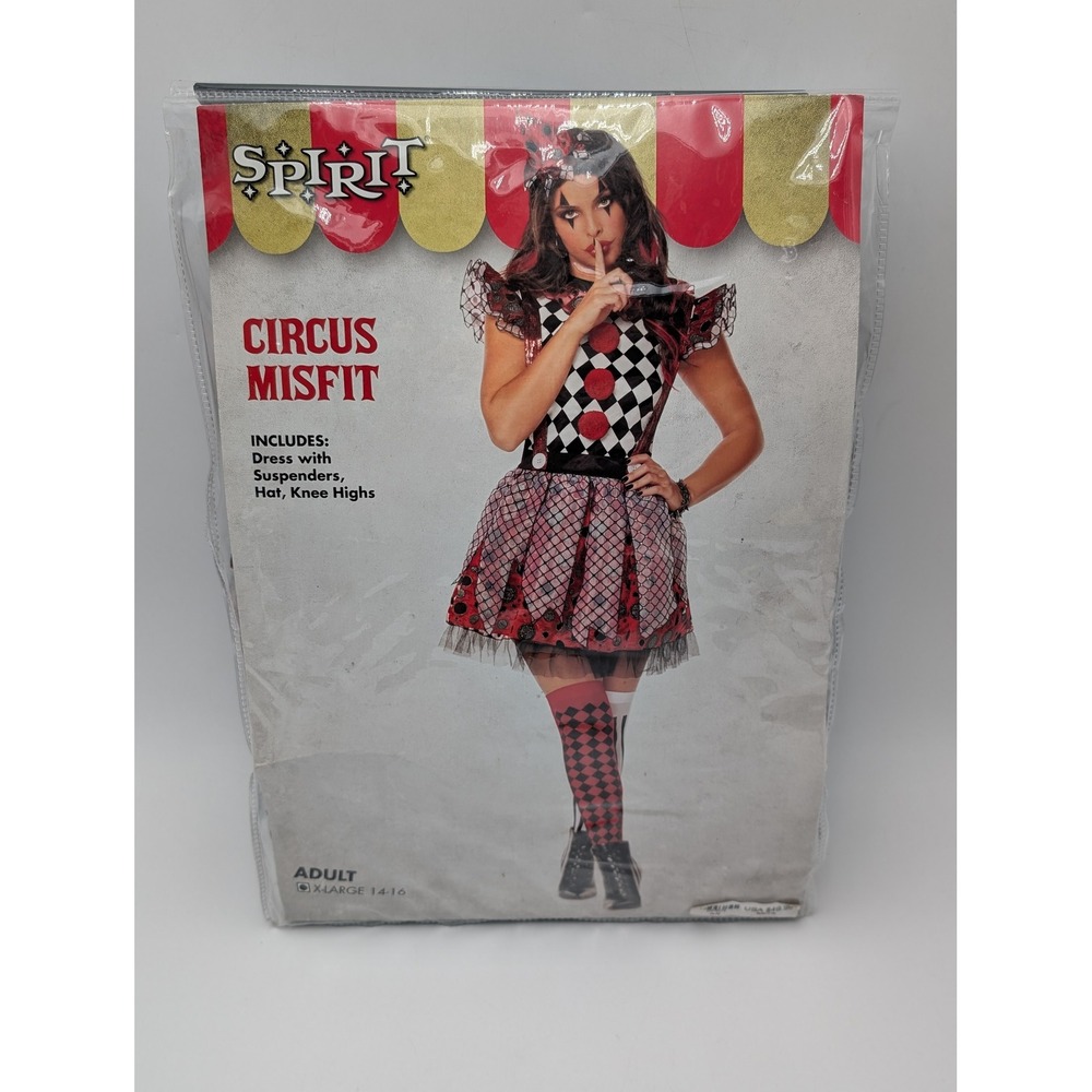 Spirit Halloween Costume Womens XL Red Circus Misfit Dress Hat Socks Harlequin